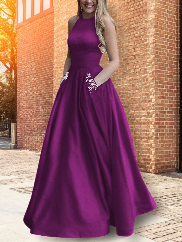 A-Line Halter Sleeveless Floor-Length With Beading Satin Prom Dress