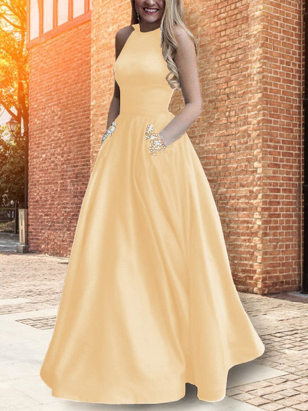 A-Line Halter Sleeveless Floor-Length With Beading Satin Prom Dress