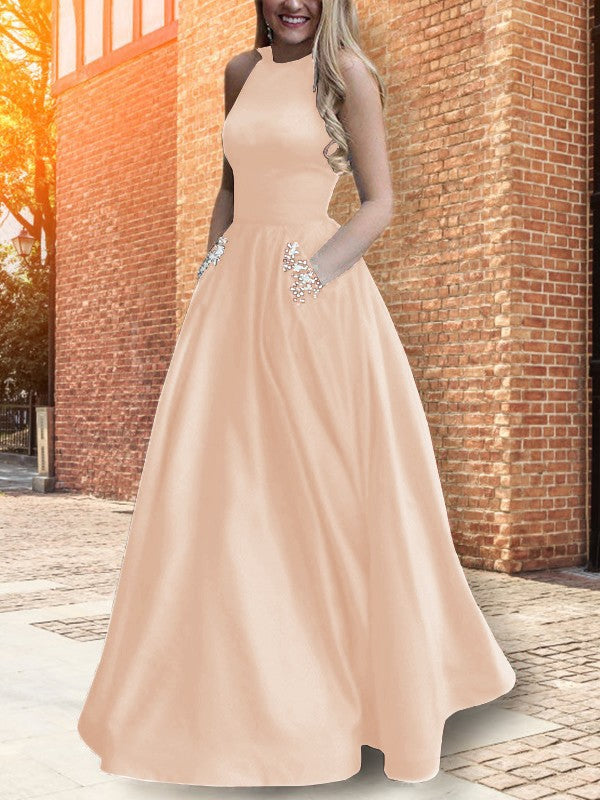 A-Line Halter Sleeveless Floor-Length With Beading Satin Prom Dress