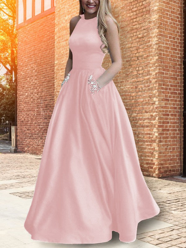 A-Line Halter Sleeveless Floor-Length With Beading Satin Prom Dress