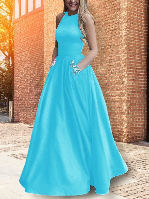 A-Line Halter Sleeveless Floor-Length With Beading Satin Prom Dress