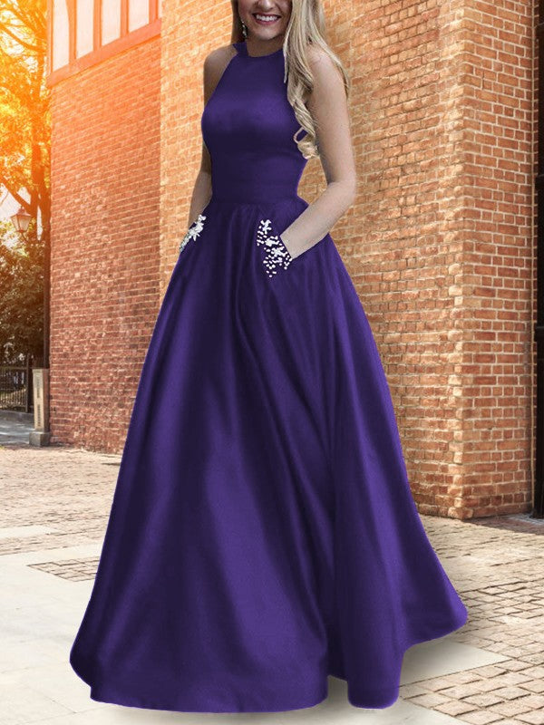 A-Line Halter Sleeveless Floor-Length With Beading Satin Prom Dress