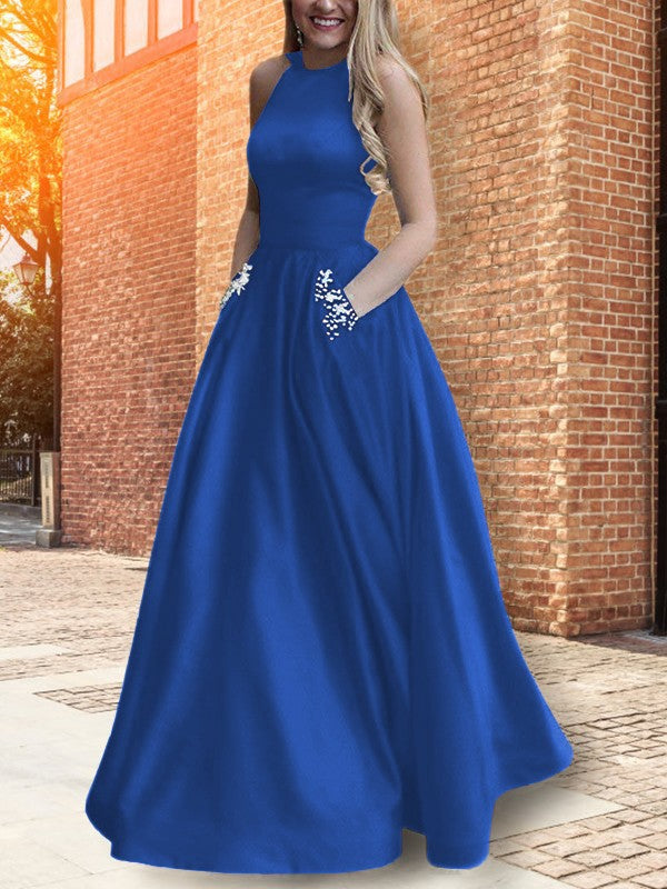 A-Line Halter Sleeveless Floor-Length With Beading Satin Prom Dress