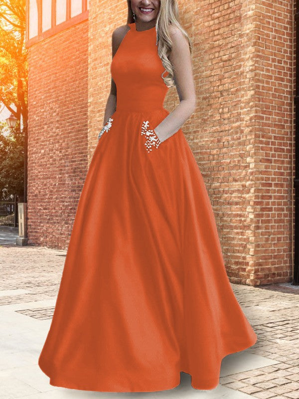 A-Line Halter Sleeveless Floor-Length With Beading Satin Prom Dress