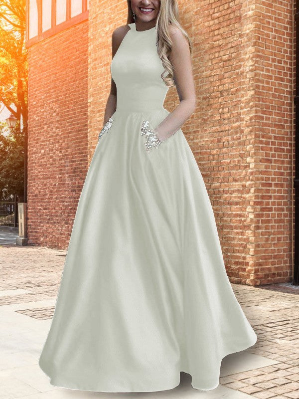A-Line Halter Sleeveless Floor-Length With Beading Satin Prom Dress