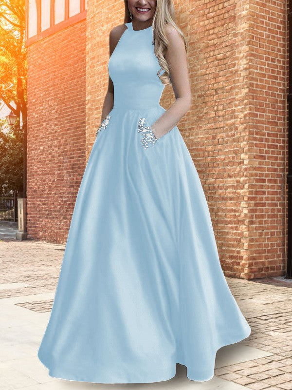 A-Line Halter Sleeveless Floor-Length With Beading Satin Prom Dress