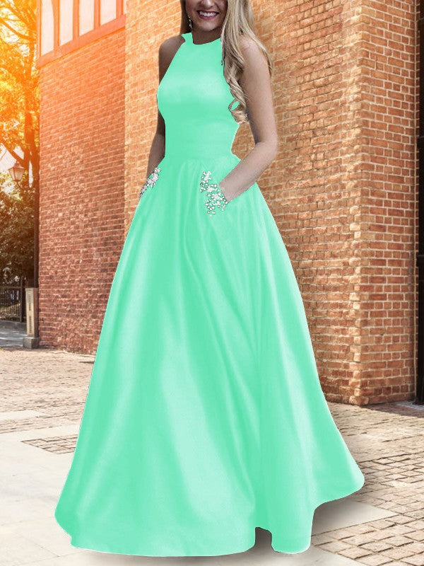 A-Line Halter Sleeveless Floor-Length With Beading Satin Prom Dress