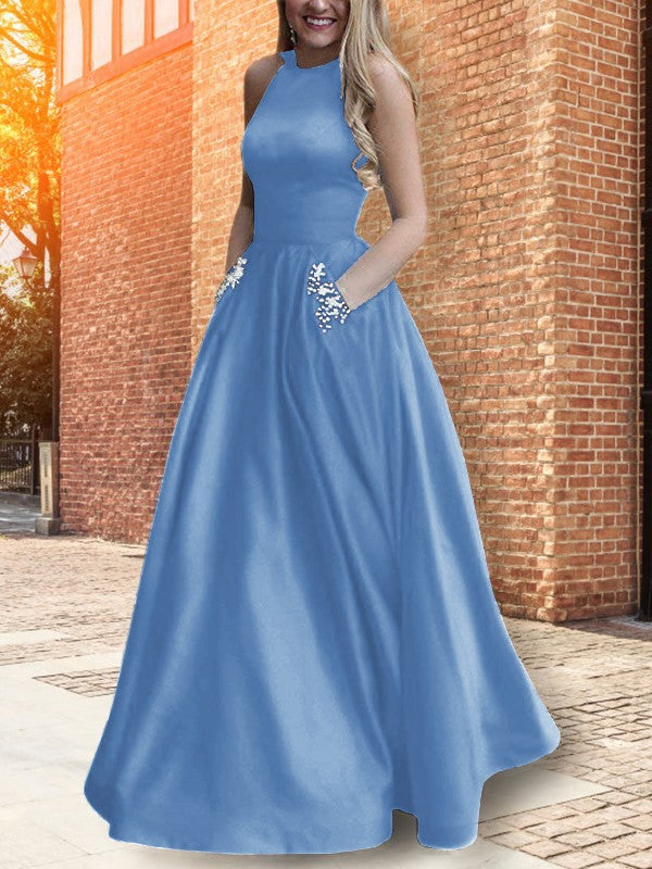 A-Line Halter Sleeveless Floor-Length With Beading Satin Prom Dress