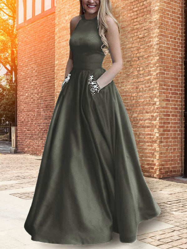 A-Line Halter Sleeveless Floor-Length With Beading Satin Prom Dress