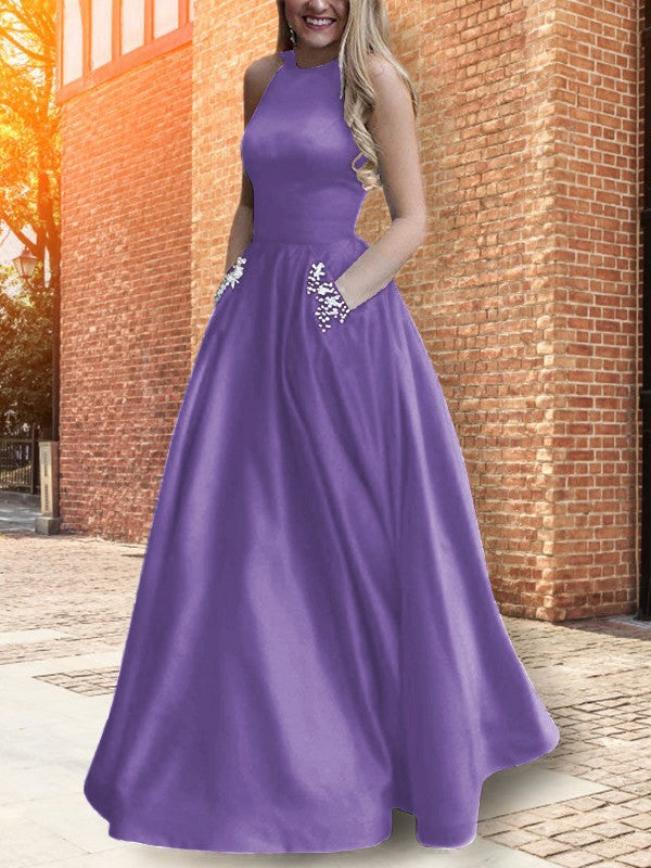 A-Line Halter Sleeveless Floor-Length With Beading Satin Prom Dress