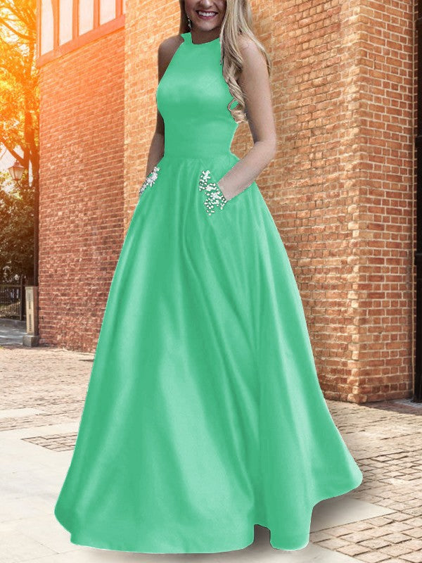 A-Line Halter Sleeveless Floor-Length With Beading Satin Prom Dress