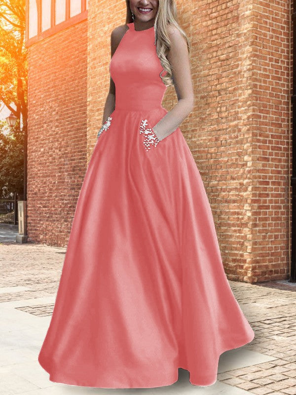 A-Line Halter Sleeveless Floor-Length With Beading Satin Prom Dress
