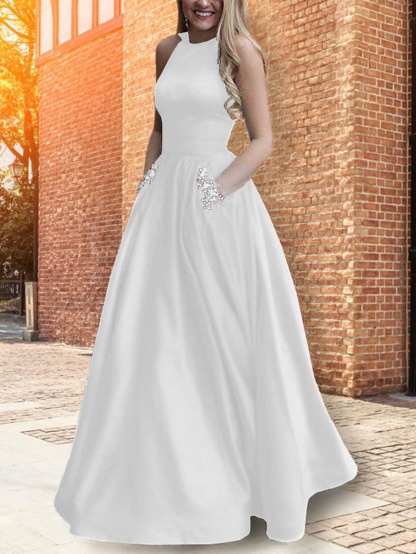 A-Line Halter Sleeveless Floor-Length With Beading Satin Prom Dress