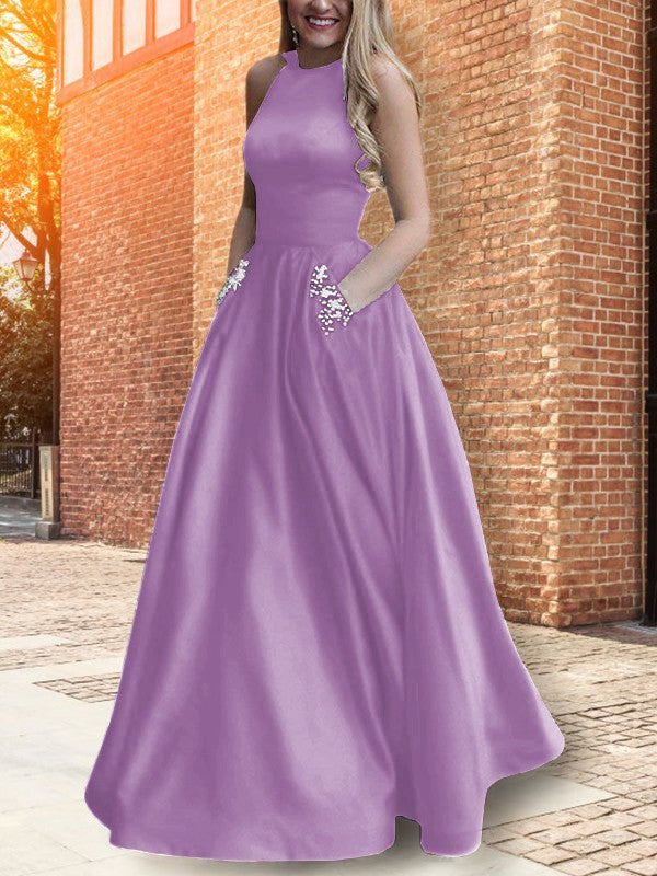 A-Line Halter Sleeveless Floor-Length With Beading Satin Prom Dress