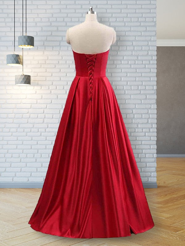 A-Line Strapless Sleeveless Sweep/Brush Train With Beading Satin Prom Dress