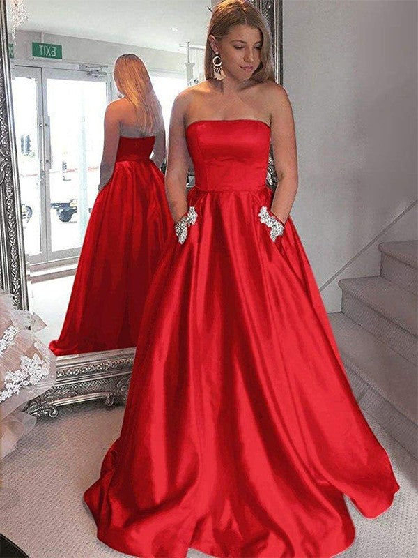 A-Line Strapless Sleeveless Sweep/Brush Train With Beading Satin Prom Dress