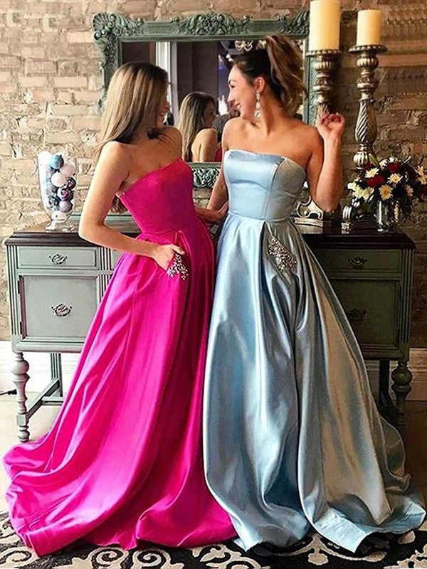 A-Line Strapless Sleeveless Sweep/Brush Train With Beading Satin Prom Dress
