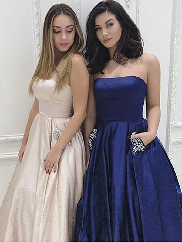 A-Line Strapless Sleeveless Sweep/Brush Train With Beading Satin Prom Dress