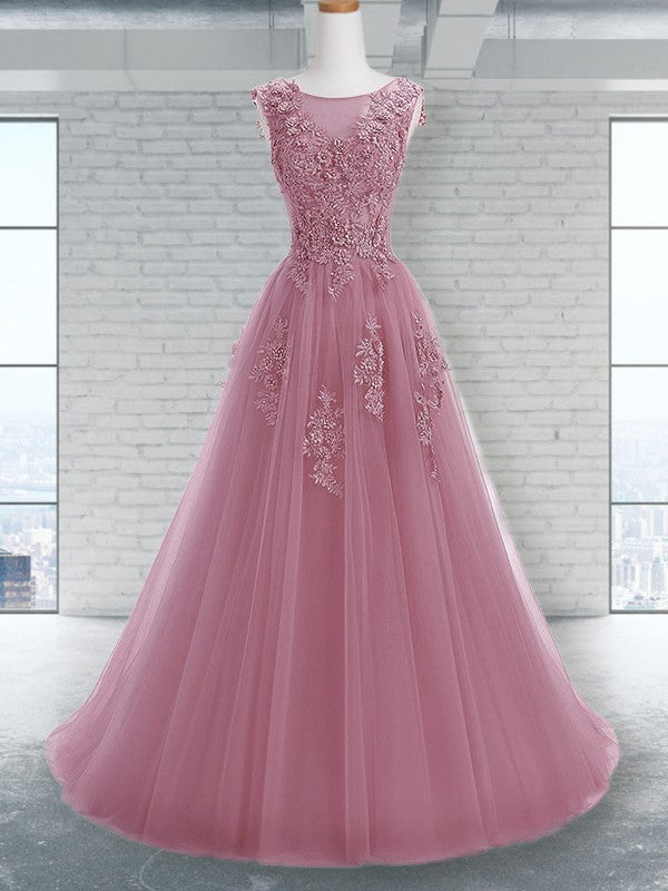 A-Line Scoop Sleeveless Floor-Length With Applique Tulle Prom Dress