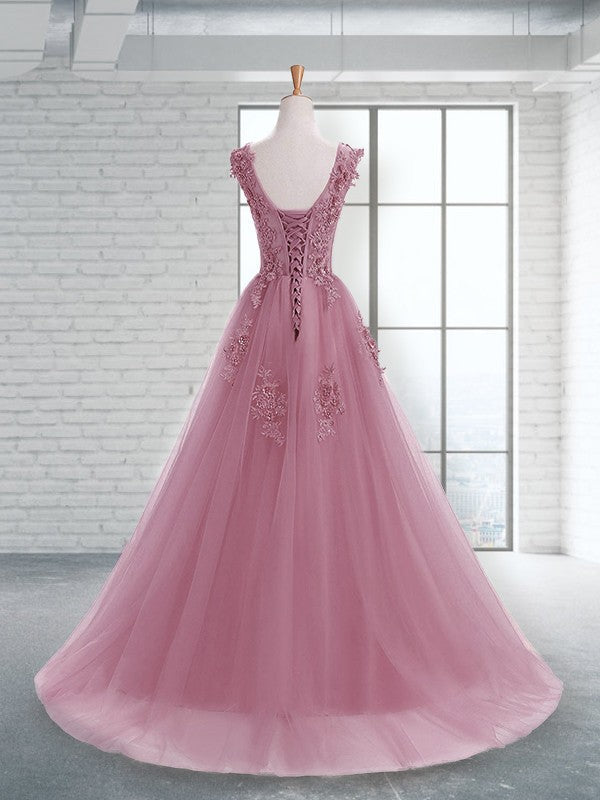 A-Line Scoop Sleeveless Floor-Length With Applique Tulle Prom Dress