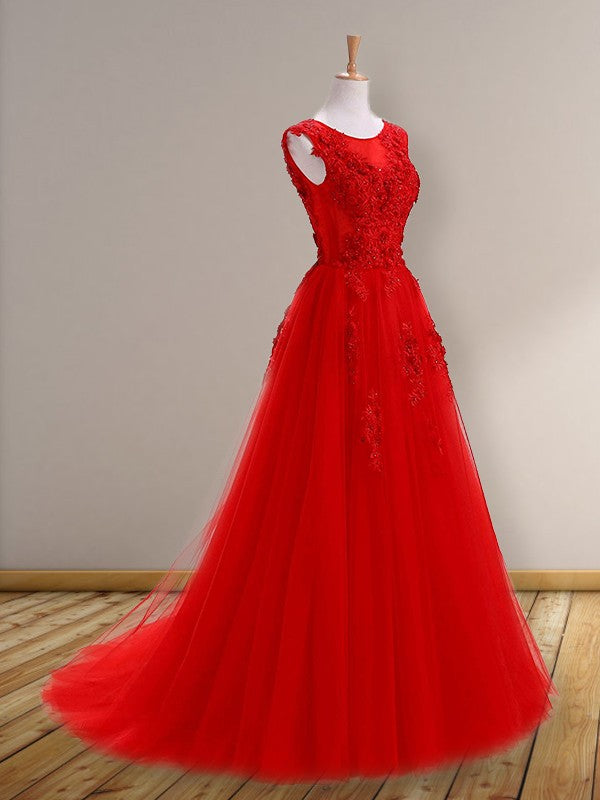 A-Line Scoop Sleeveless Floor-Length With Applique Tulle Prom Dress