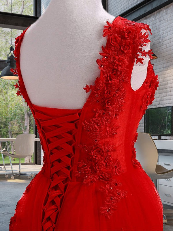A-Line Scoop Sleeveless Floor-Length With Applique Tulle Prom Dress