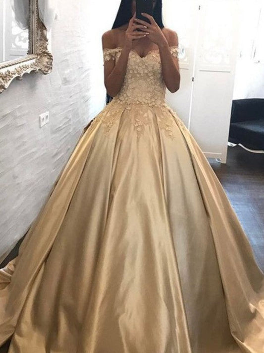 Ball Gown Off-the-Shoulder Sleeveless Sweep/Brush Train With Applique Satin Prom Dress