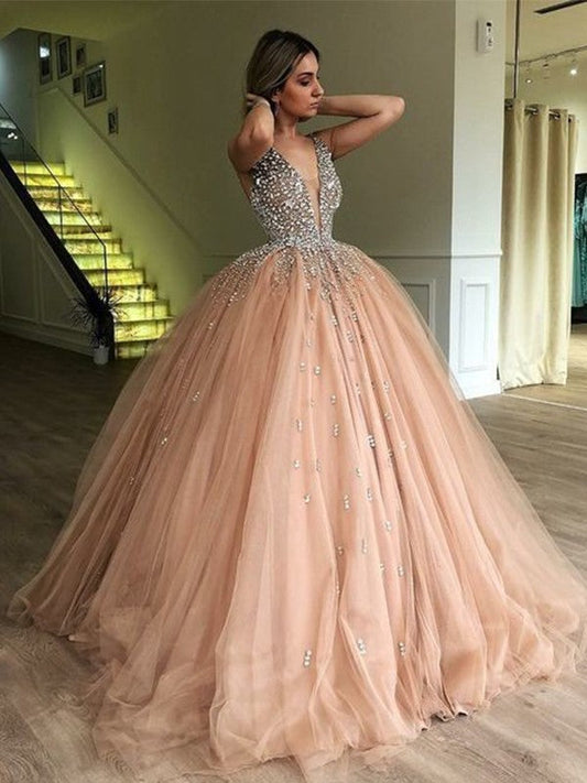 Ball Gown V-neck Sleeveless Floor-Length With Beading Tulle Prom Dress