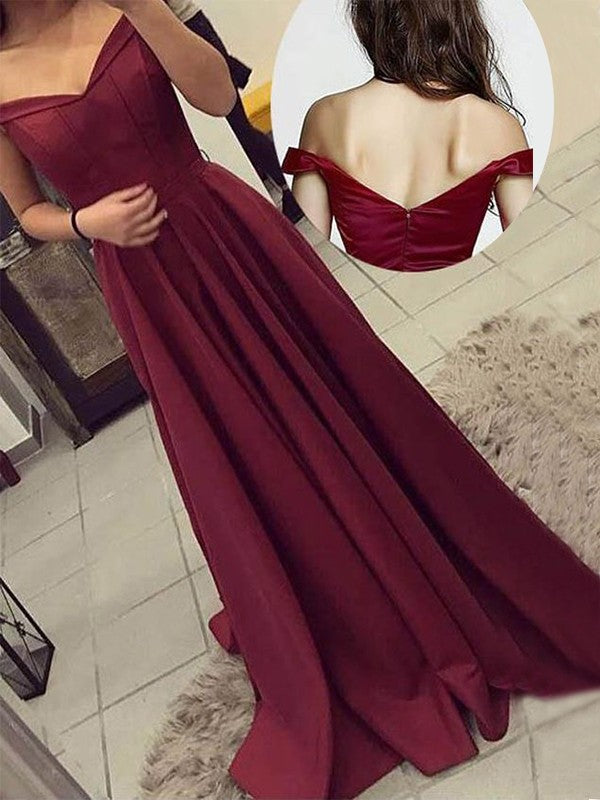 A-Line Off-the-Shoulder Sleeveless Sweep/Brush Train With Ruched Satin Prom Dress