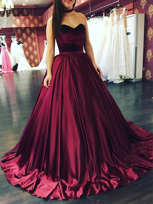 Ball Gown Sweetheart Sleeveless Sweep/Brush Train With Ruffles Elastic Woven Satin Prom Dress