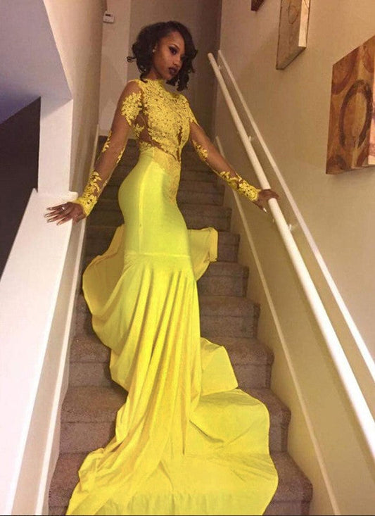 Mermaid High Neck Long Sleeves Sweep/Brush Train With Applique Jersey Prom Dress