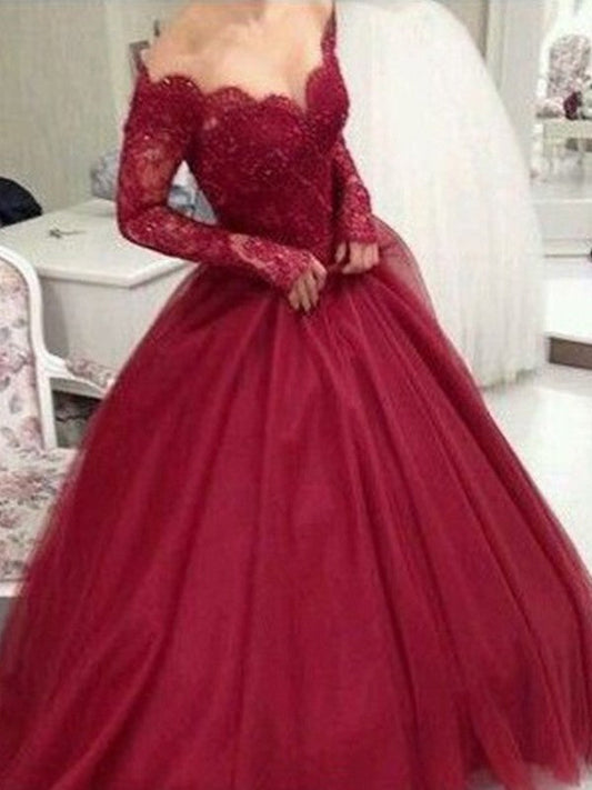 Ball Gown V-neck Long Sleeves Floor-Length Lace Tulle Prom Dress