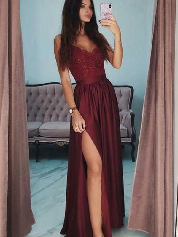 A-Line V-neck Sleeveless Floor-Length With Lace Satin Prom Dress