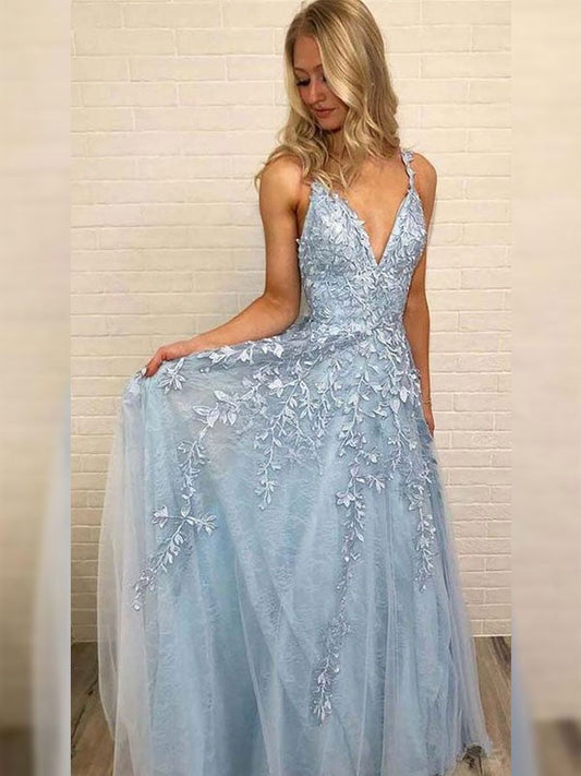 A-Line V-neck Sleeveless Floor-Length With Applique Tulle Prom Dress