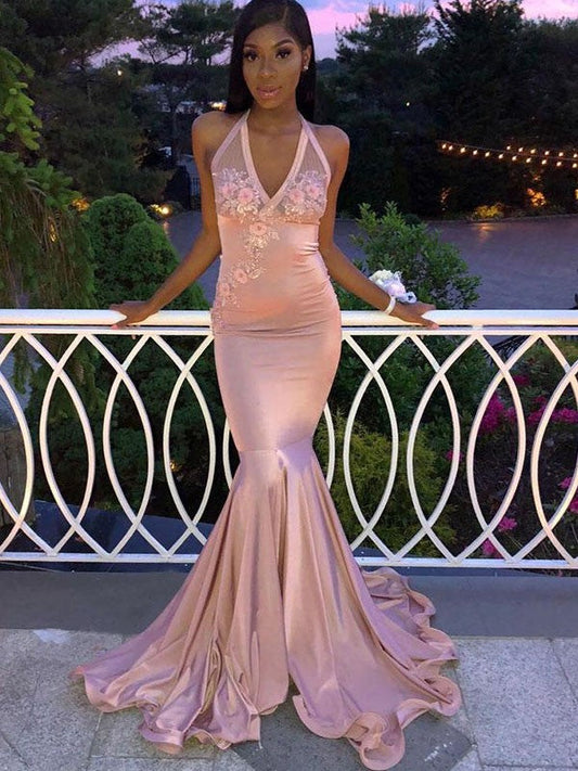 Mermaid Sleeveless Halter Sweep/Brush Train With Applique Elastic Woven Satin Prom Dress