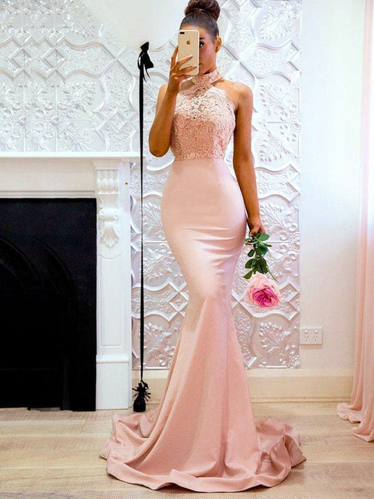 Mermaid Sleeveless Halter Sweep/Brush Train With Lace Charmeuse Prom Dress