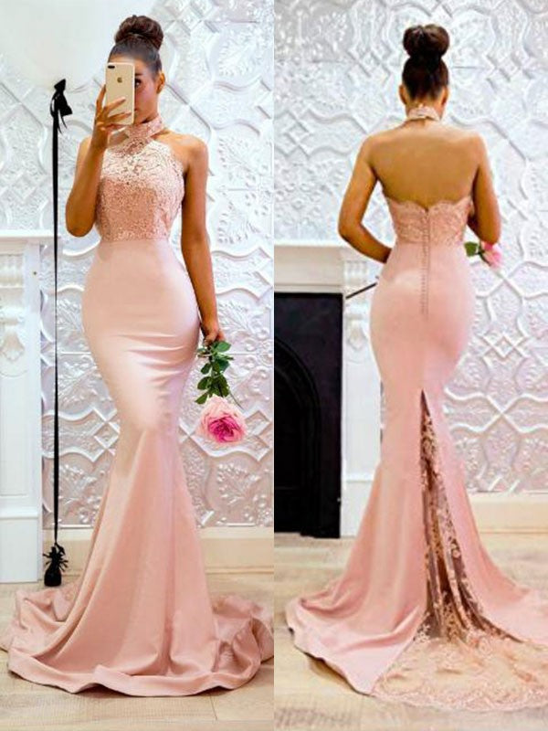 Mermaid Sleeveless Halter Sweep/Brush Train With Lace Charmeuse Prom Dress