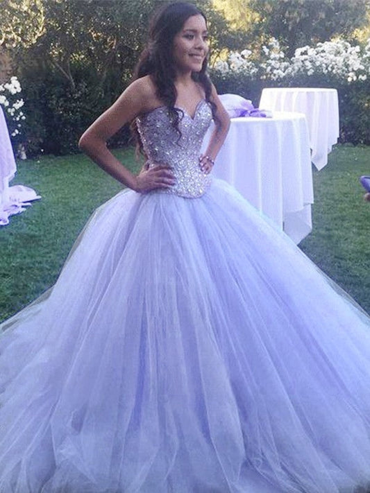 Ball Gown Tulle With Beading Sweetheart Sleeveless Sweep/Brush Train Prom Dress