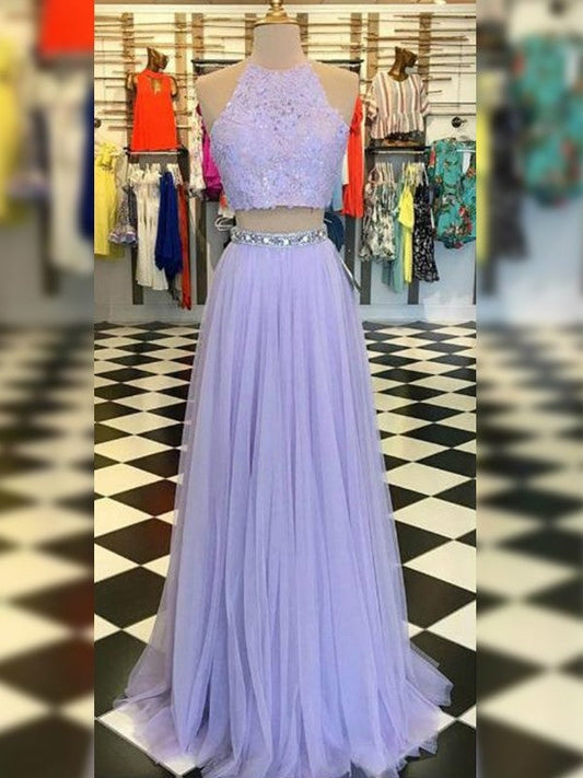 A-Line Tulle Lace Halter Sleeveless Sweep/Brush Train Two Piece Prom Dress