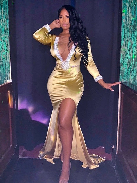 Mermaid Silk like Satin With Beading V-neck Long Sleeves Sweep/Brush Train Prom Dress