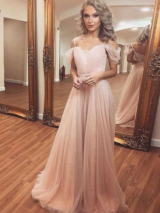 A-Line Tulle With Ruched Off-the-Shoulder Sleeveless Sweep/Brush Train Prom Dress