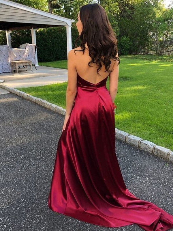 A-Line Sleeveless Halter Sweep/Brush Train With Ruffles Silk like Satin Prom Dress