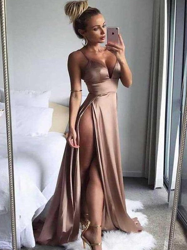 A-Line Sleeveless Spaghetti Straps Sweep/Brush Train With Ruffles Silk like Satin Prom Dress