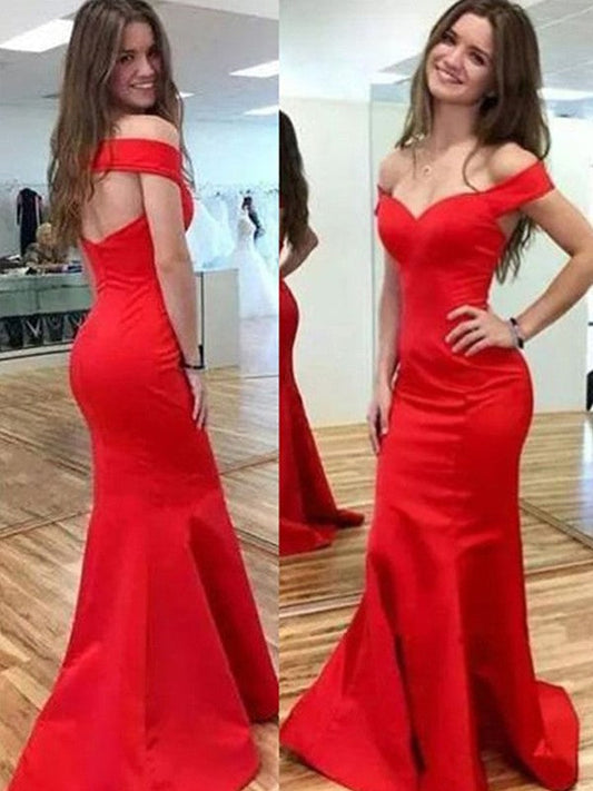 Mermaid Sleeveless Off-the-Shoulder Sweep/Brush Train Satin Prom Dress