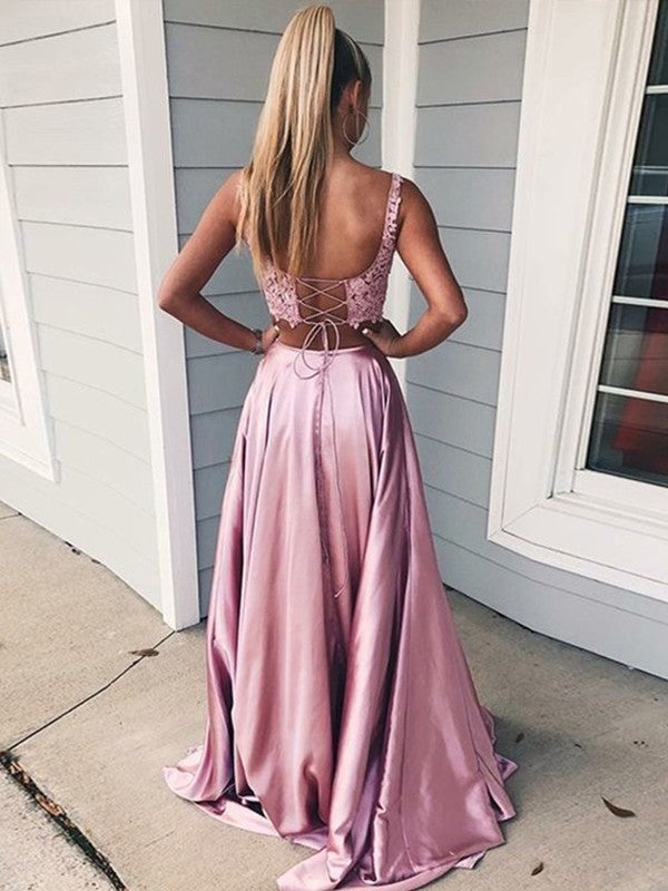A-Line Sleeveless Square Sweep/Brush Train With Applique Silk like Satin Two Piece Prom Dress