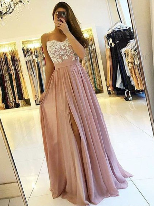 A-Line Sleeveless Spaghetti Straps Floor-Length With Applique Chiffon Prom Dress