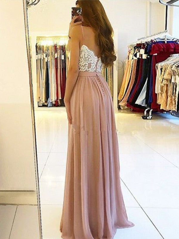 A-Line Sleeveless Spaghetti Straps Floor-Length With Applique Chiffon Prom Dress