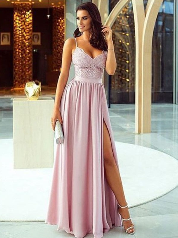 A-Line Sleeveless Spaghetti Straps Floor-Length With Applique Silk like Satin Prom Dress