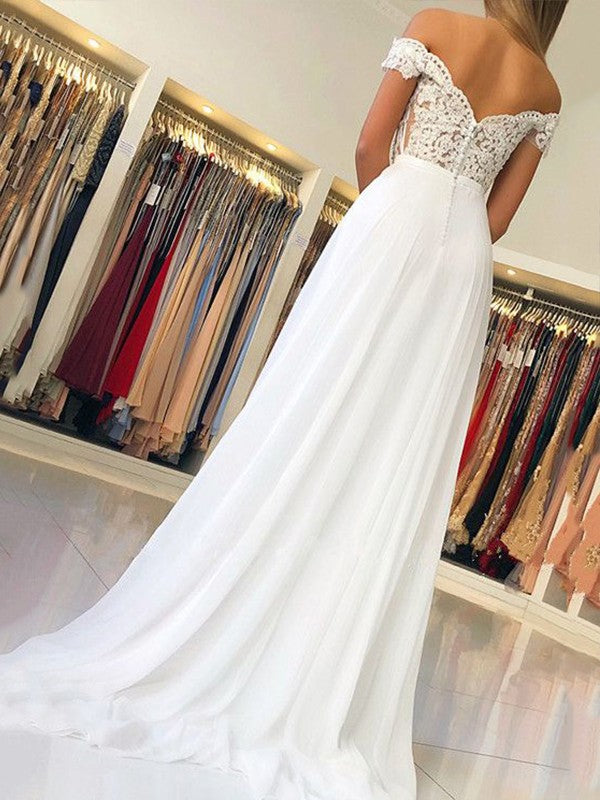 A-Line Sleeveless Off-the-Shoulder Sweep/Brush Train With Applique Chiffon Prom Dress