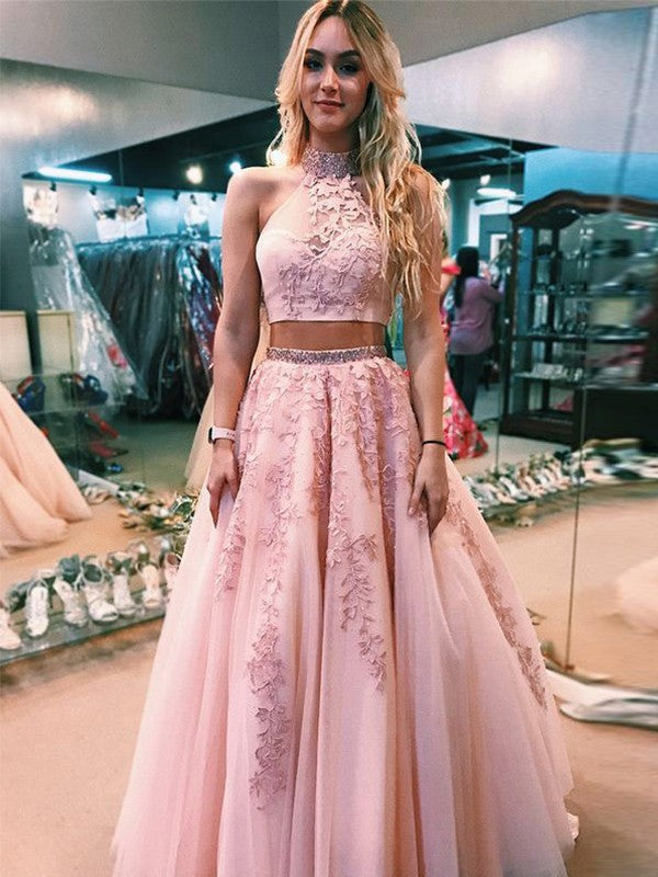 A-Line Sleeveless Halter Floor-Length With Applique Tulle Two Piece Prom Dress